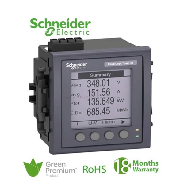 SCHNEIDER — عدّاد قدرة PM5100 بدون Modbus، حتى التوافقي 15، مخرج واحد و33 إنذار، تركيب داخل اللوح